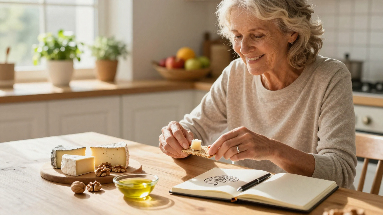 Mulher idosa sentada numa cozinha a preparar petiscos com queijo e frutos secos numa mesa de madeira.