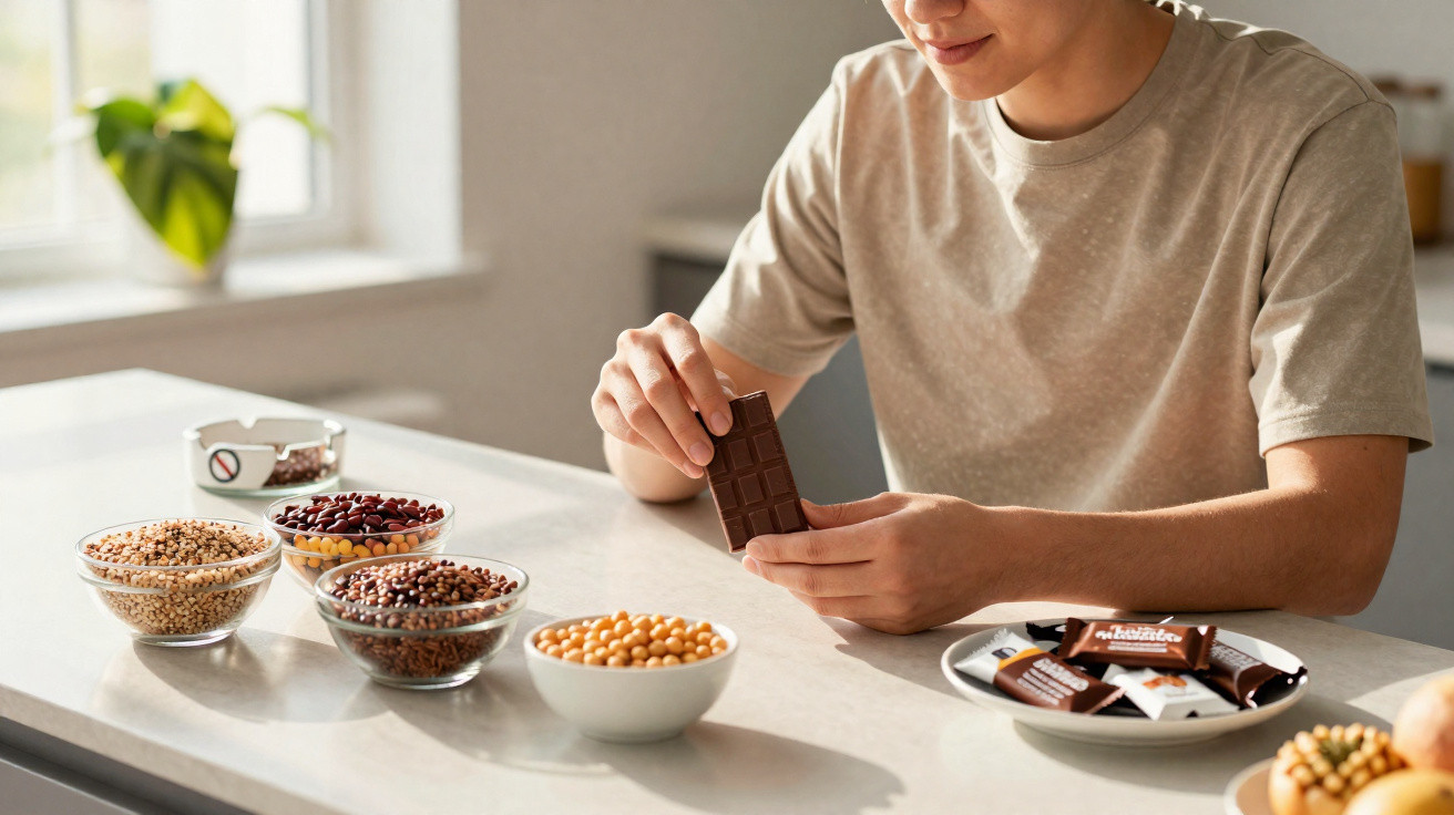 Pessoa a partir um quadrado de chocolate sentado numa mesa com tigelas de grãos variados ao sol.