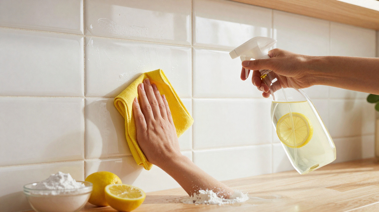 Pessoa a limpar azulejos brancos da cozinha com pano amarelo e spray de limpeza com limão.