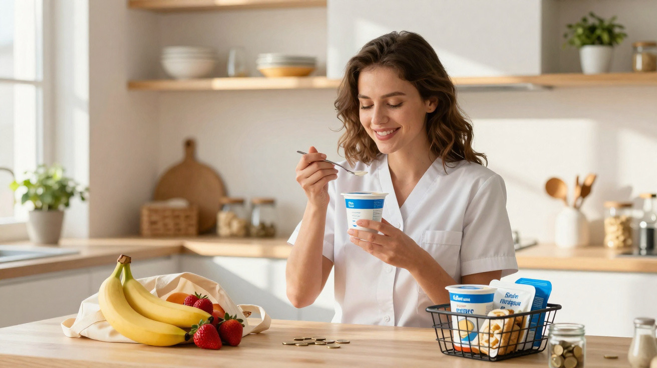Mulher sorridente a comer iogurte na cozinha, com fruta fresca e potes de iogurte na bancada.