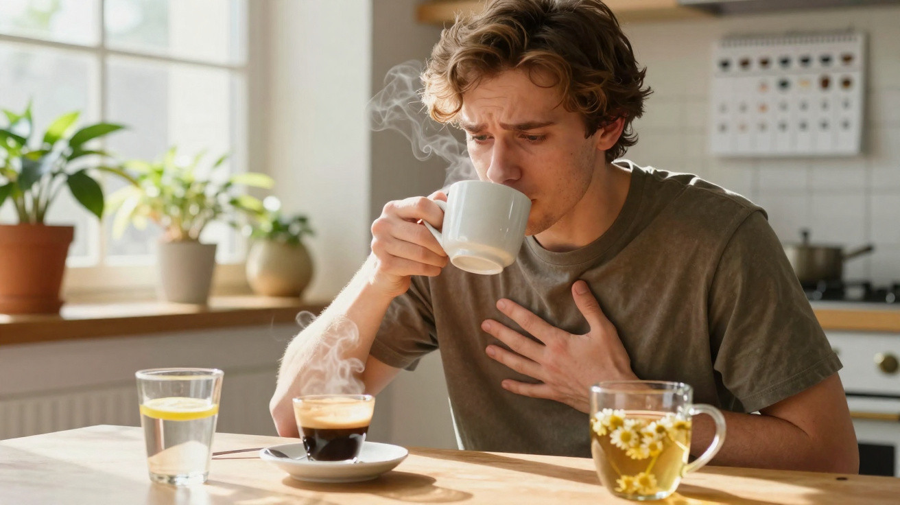 Jovem a beber café e a levar a mão ao peito, aparentando desconforto, numa cozinha iluminada.