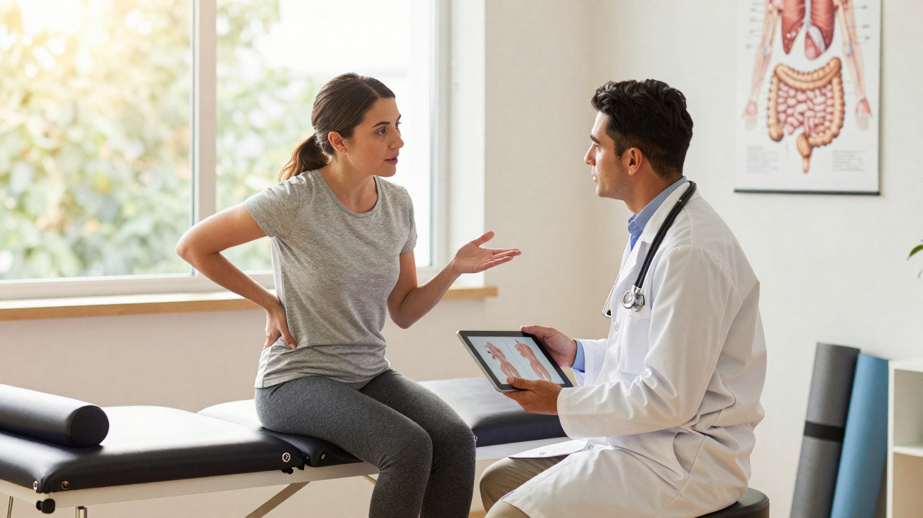 Mulher com dor nas costas consulta médico que lhe mostra exames numa tablet numa sala de consultas.