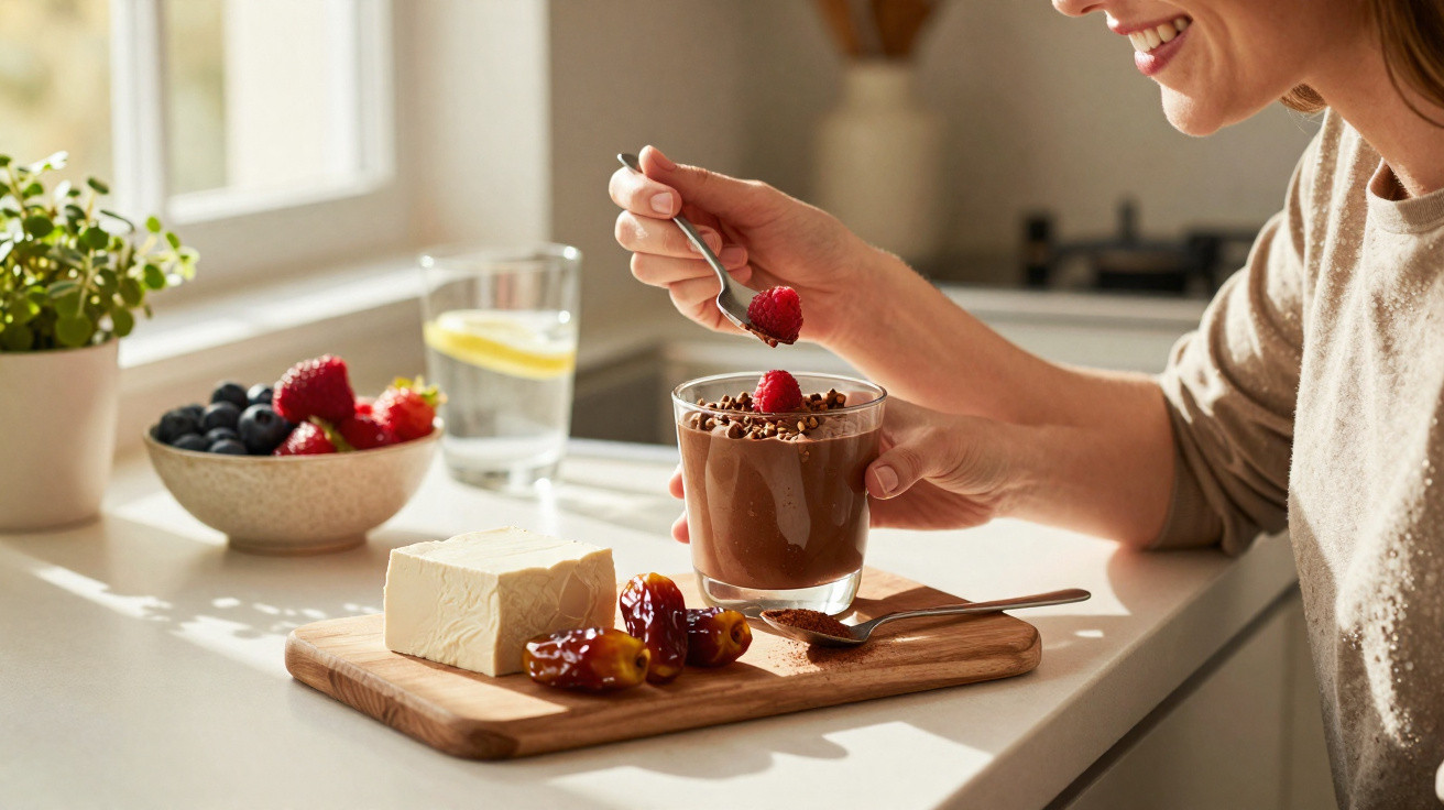 Pessoa a saborear mousse de chocolate decorada com frutos vermelhos e tâmaras numa mesa iluminada.