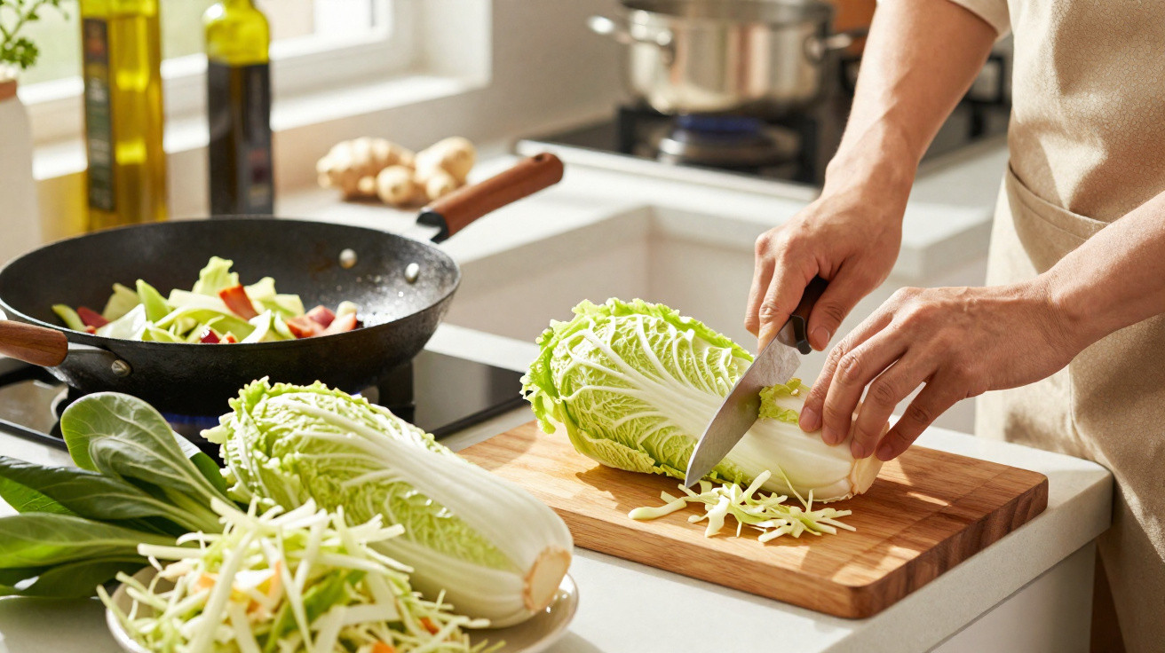 Pessoa a cortar alface chinesa numa tábua de cozinha com outros vegetais e panela ao fundo.