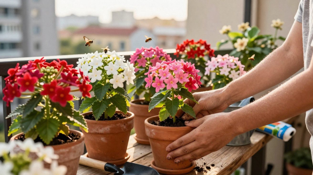 Mãos a cuidar de plantas floridas em vasos num terraço, com abelhas e borboletas a voar.