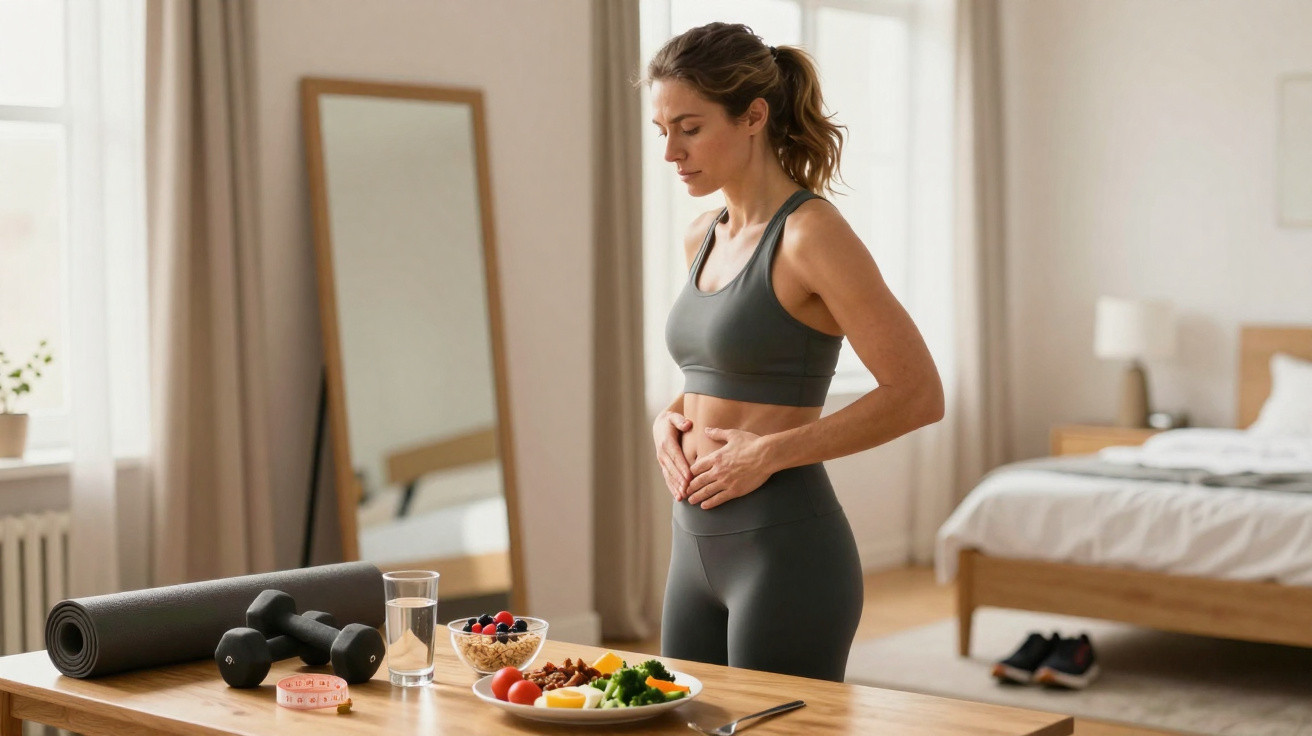 Mulher em roupa desportiva a controlar a barriga, com alimentos saudáveis e halteres numa mesa.