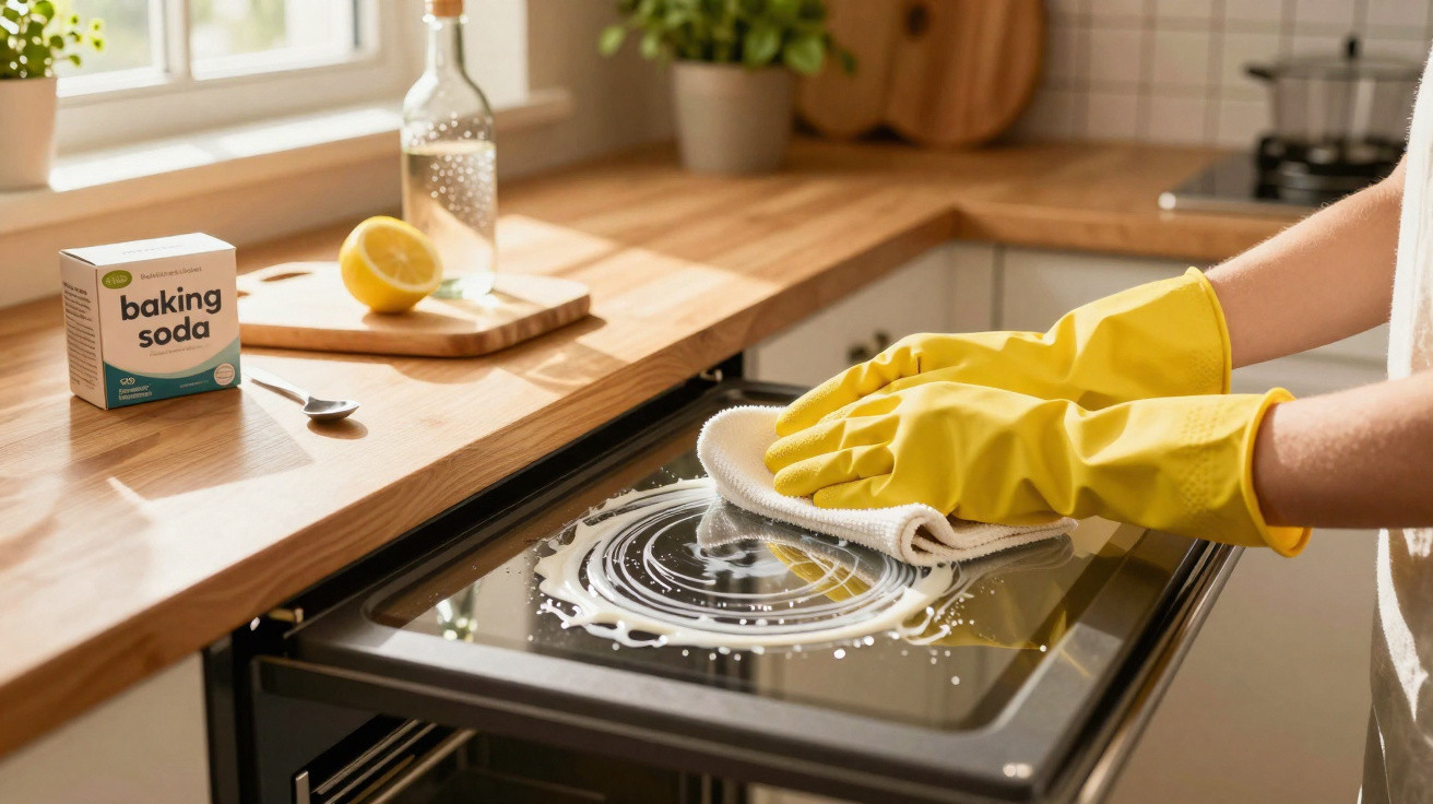 Pessoa com luvas amarelas a limpar o vidro de um forno com bicarbonato e limão numa cozinha iluminada.