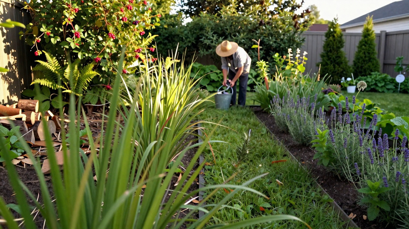 Pessoa a cuidar do jardim com chapéu de palha e inseto marrom numa folha verde em destaque.