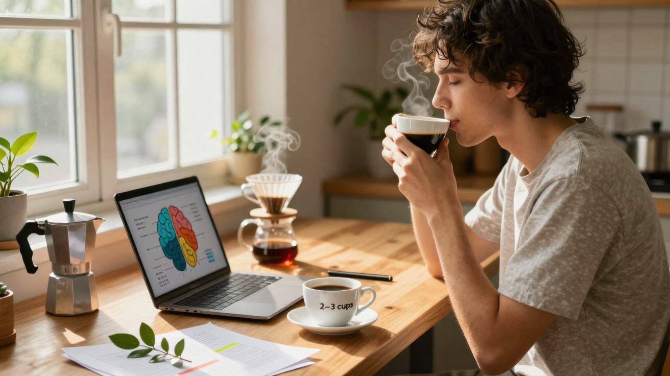Pessoa jovem a beber café quente na cozinha, com computador portátil e documentos na mesa.