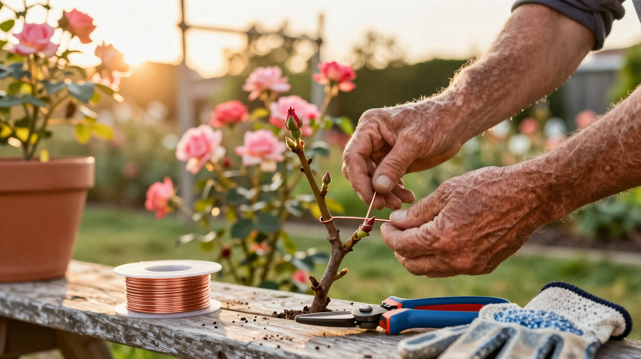 Mãos de pessoa a podar e cuidar de uma rosa jovem num jardim com flores ao fundo ao pôr do sol.