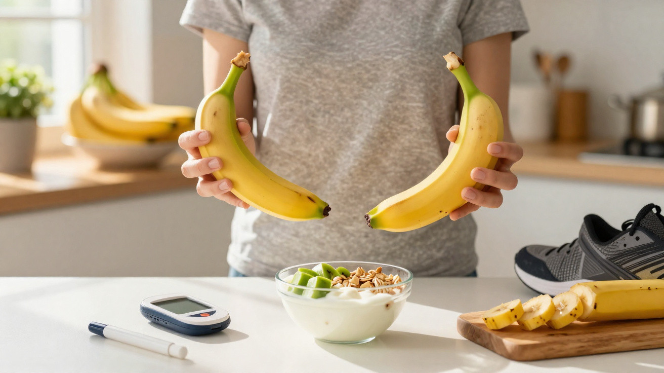Pessoa segurando uma banana e uma banana verde, com dois tipos de banana e medidor de glicose na mesa.
