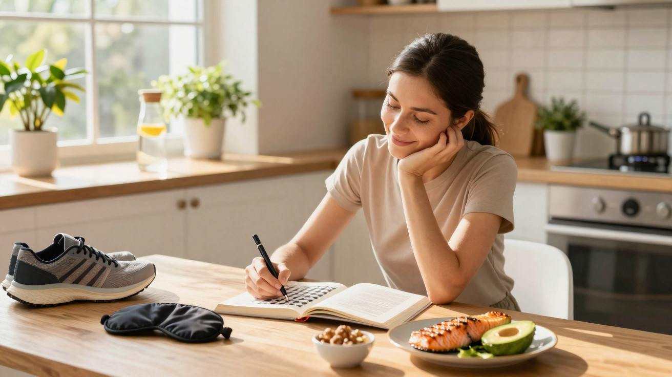 Mulher sentada a escrever num caderno, com comida saudável e objetos de treino numa mesa de cozinha iluminada.