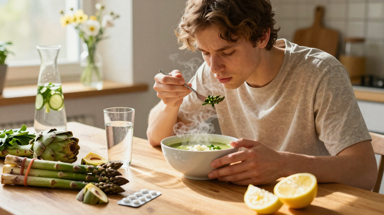 Jovem a provar sopa verde fumegante numa cozinha com legumes frescos e limão numa mesa de madeira.