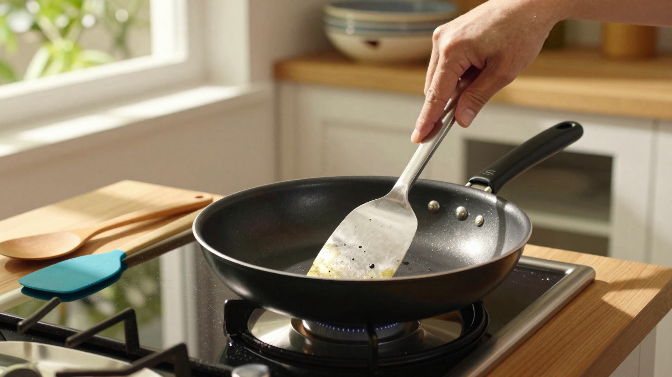 Mão a limpar uma frigideira preta sobre um fogão a gás numa cozinha iluminada pela luz natural.
