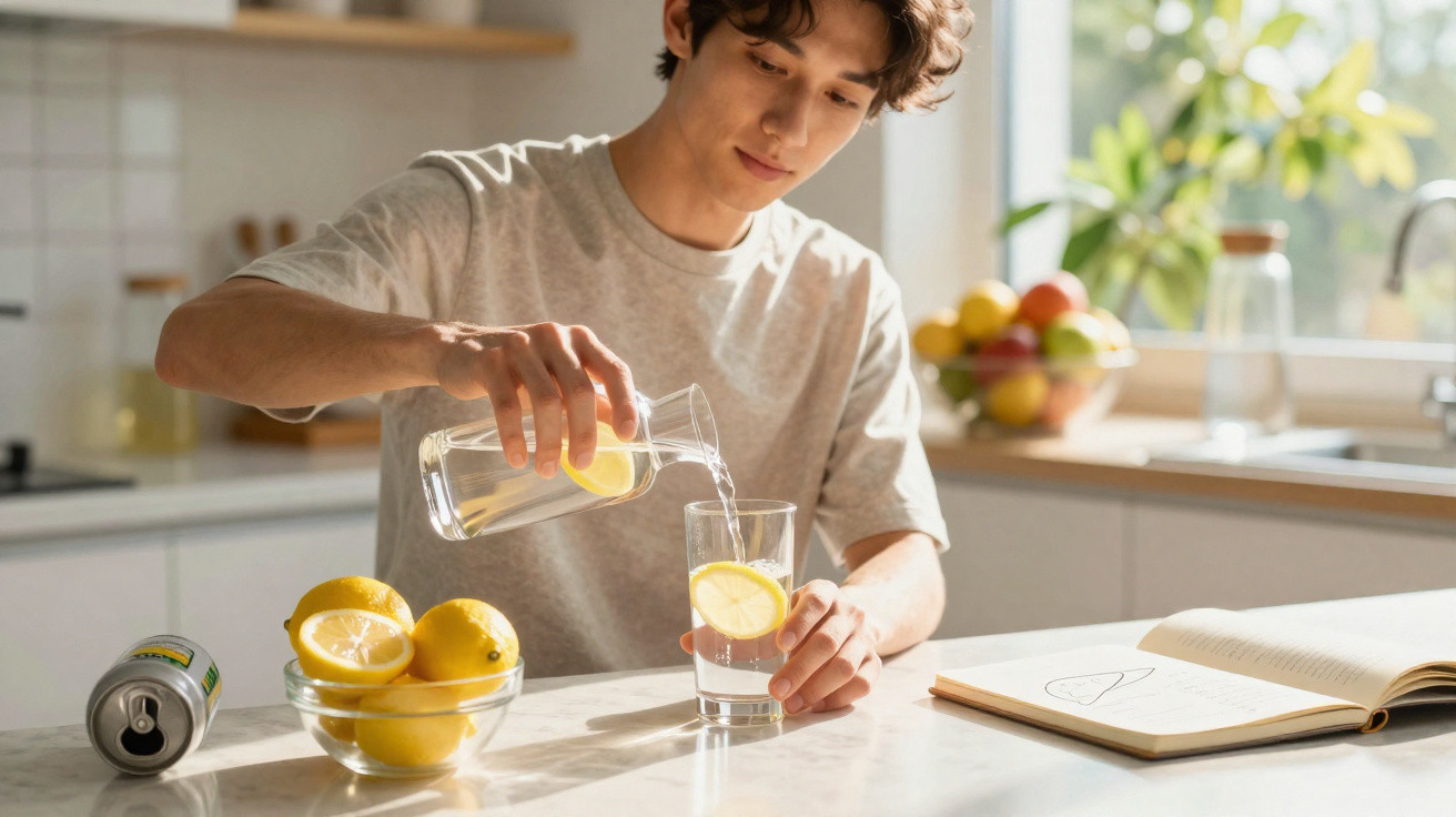 Pessoa a servir água com limão num copo, numa cozinha iluminada com frutas e caderno aberto sobre a bancada.