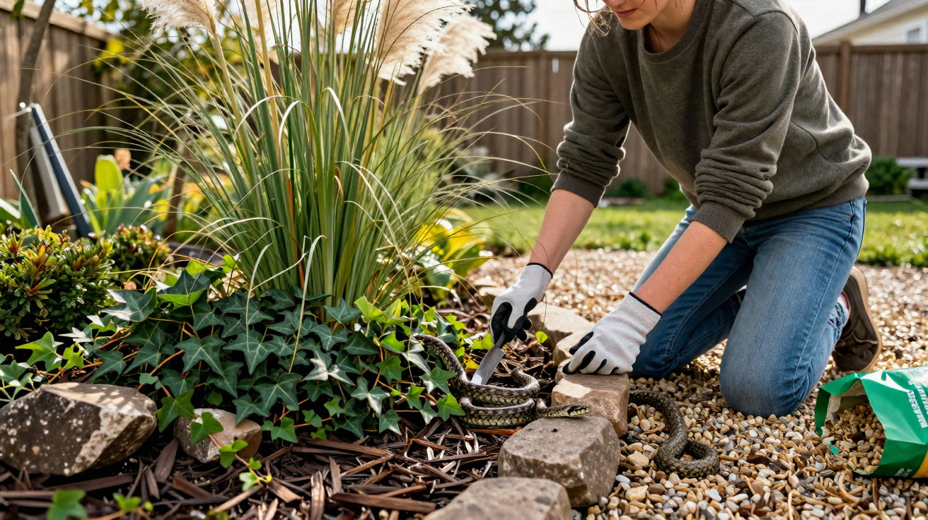 Pessoa com luvas de jardinagem a remover uma cobra entre plantas e pedras num jardim ensolarado.