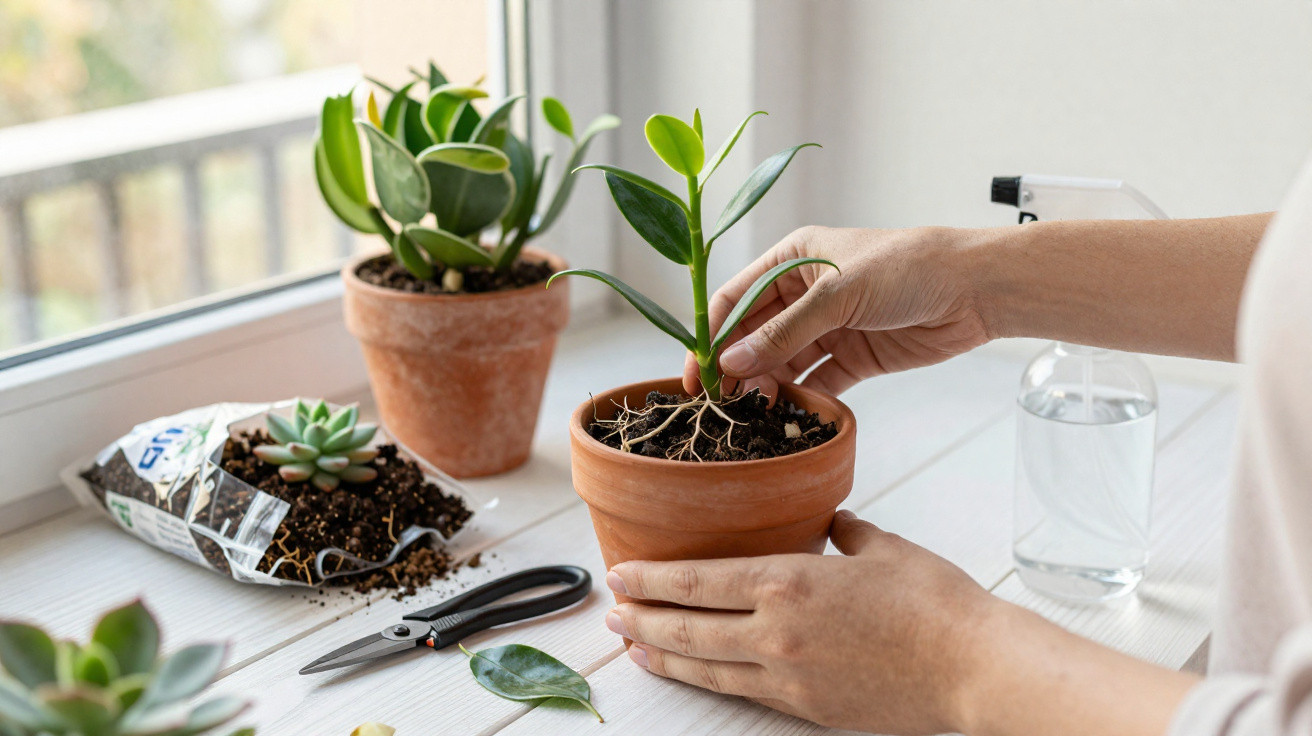 Mãos transplantam planta jovem para vaso de barro numa janela, com ferramentas e terra espalhada na superfície.