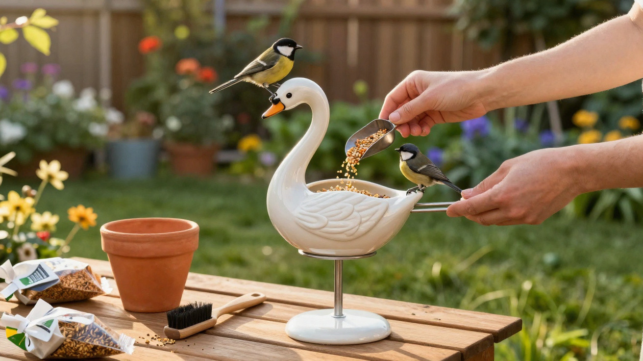 Ave de cerâmica em forma de cisne a servir de comedouro para dois pássaros em jardim, enquanto uma mão adiciona sementes.