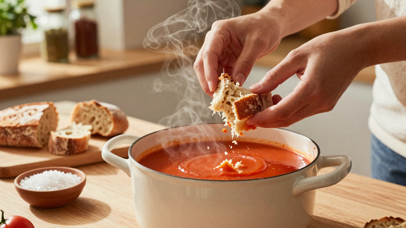 Mãos a mergulhar um pedaço de pão quente numa panela com sopa de tomate fumegante numa cozinha iluminada.