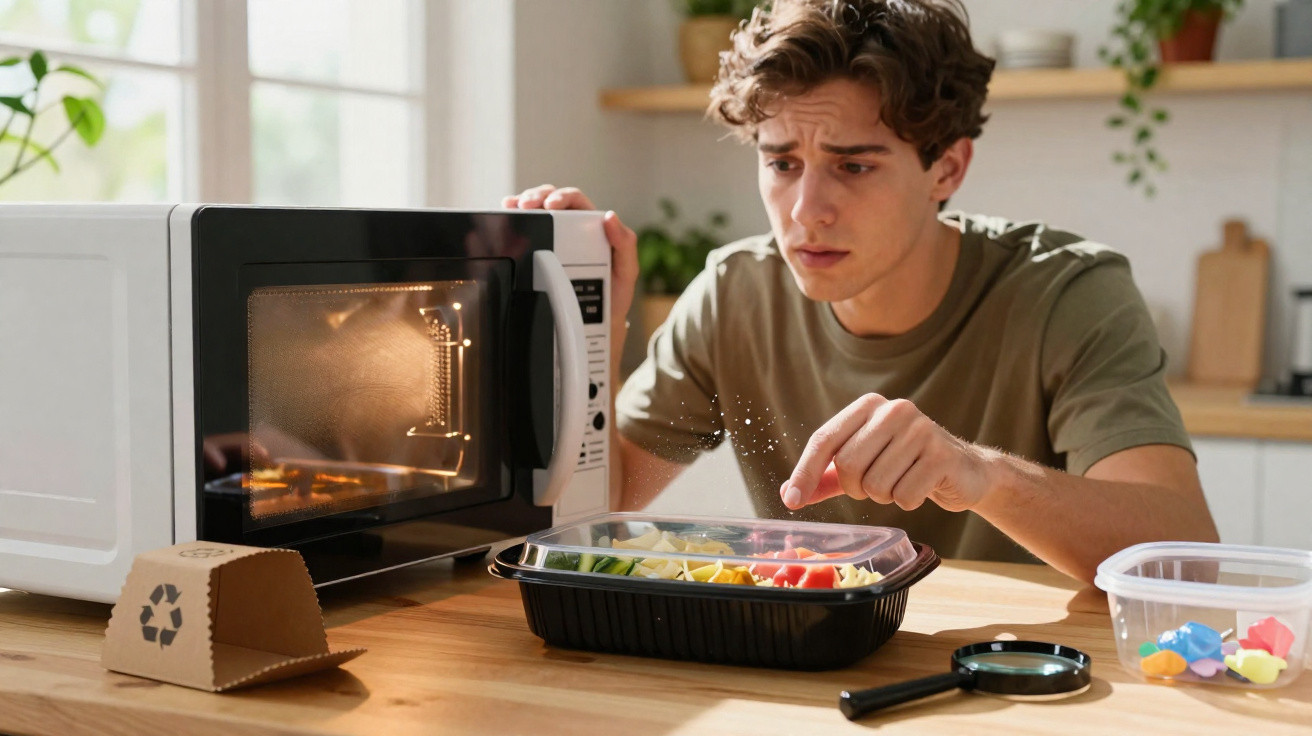 Jovem a inspecionar comida num tabuleiro perto de micro-ondas numa cozinha moderna.