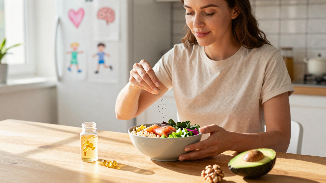 Mulher sorridente a temperar uma salada saudável numa cozinha luminosa com abacate e cápsulas de óleo na mesa.