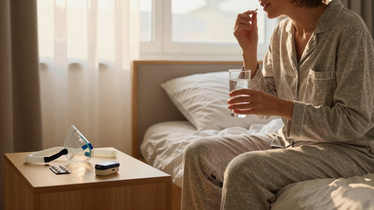 Pessoa em pijama sentada na cama a tomar um comprimido, com máscara CPAP e medicamentos na mesa de cabeceira.