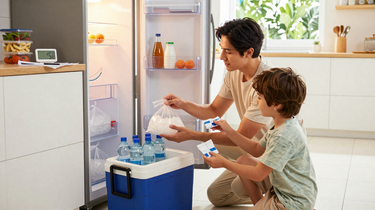 Homem e criança organizam bebidas e alimentos no frigorífico numa cozinha bem iluminada.