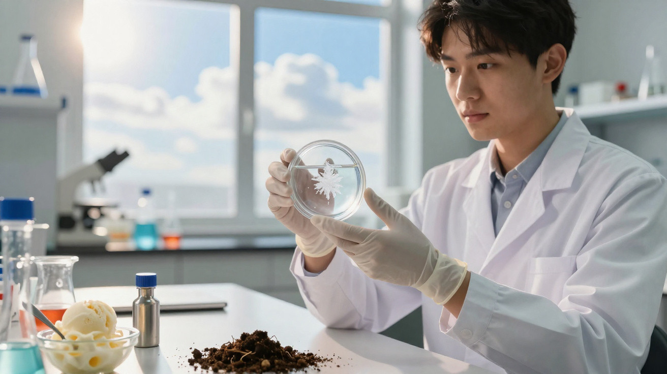 Cientista jovem em laboratório a examinar placa de petri com cultura, com ingredientes sobre a mesa.