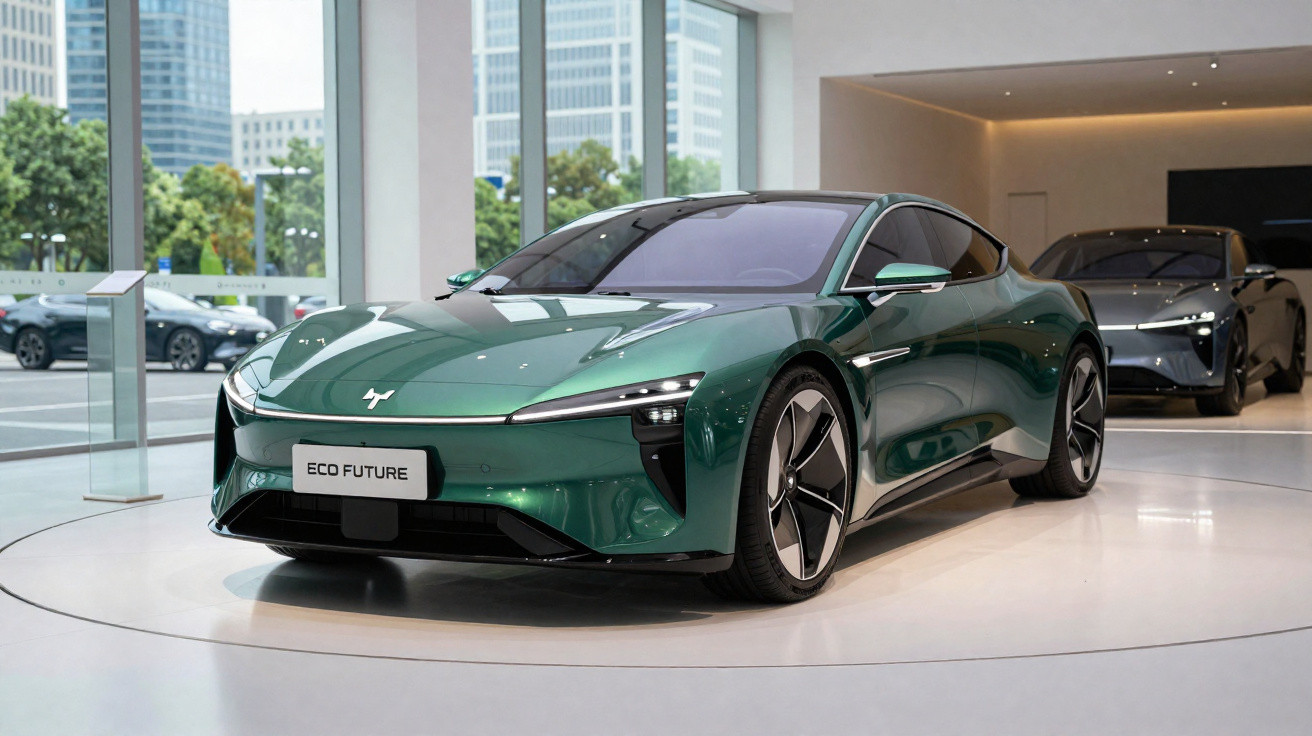 Carro elétrico desportivo verde exposto em salão moderno com grandes janelas e luz natural.