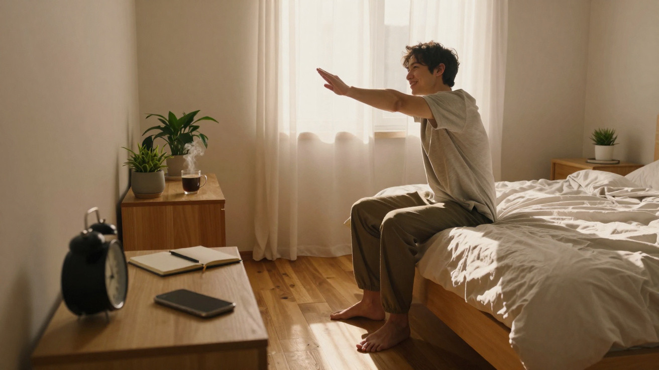 Pessoa com cabelo encaracolado a espreguiçar-se sentada na cama ao amanhecer num quarto iluminado.