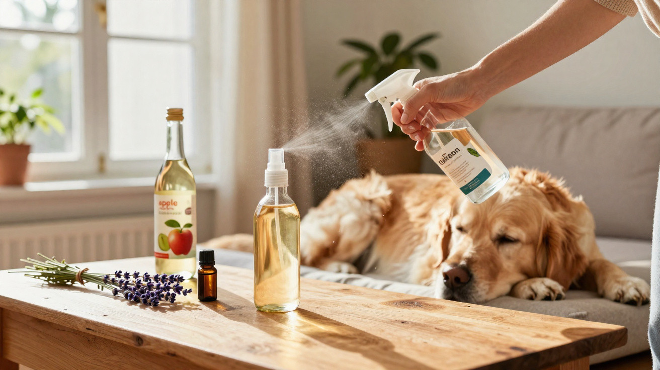Pessoa borrifando spray num cão golden retriever num sofá, com mesa de madeira e plantas ao fundo.