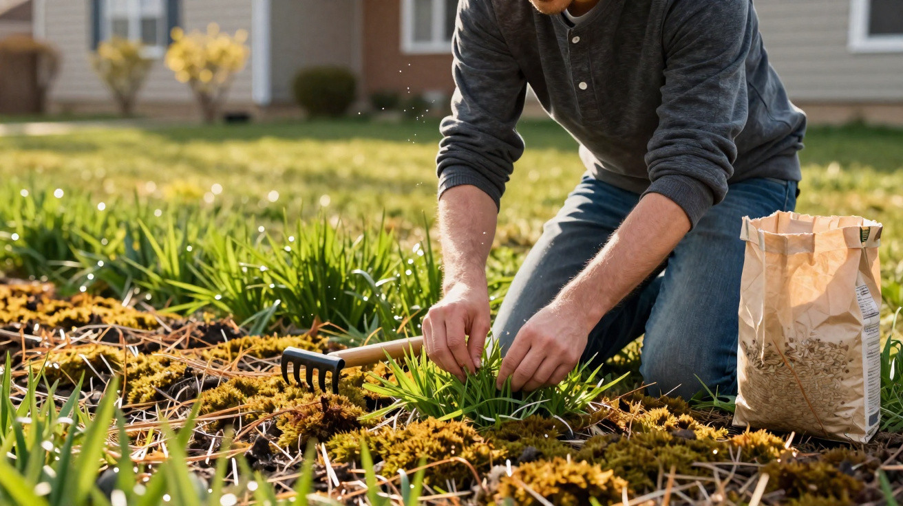 Pessoa a semear ou cuidar de plantas sob luz solar num jardim com ferramenta e saco de sementes ao lado.