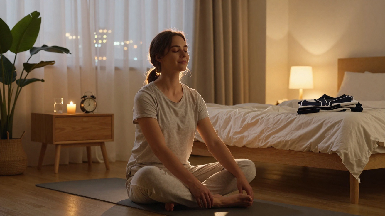 Mulher sentada no tapete de yoga a alongar-se num quarto acolhedor com luz ambiente suave.