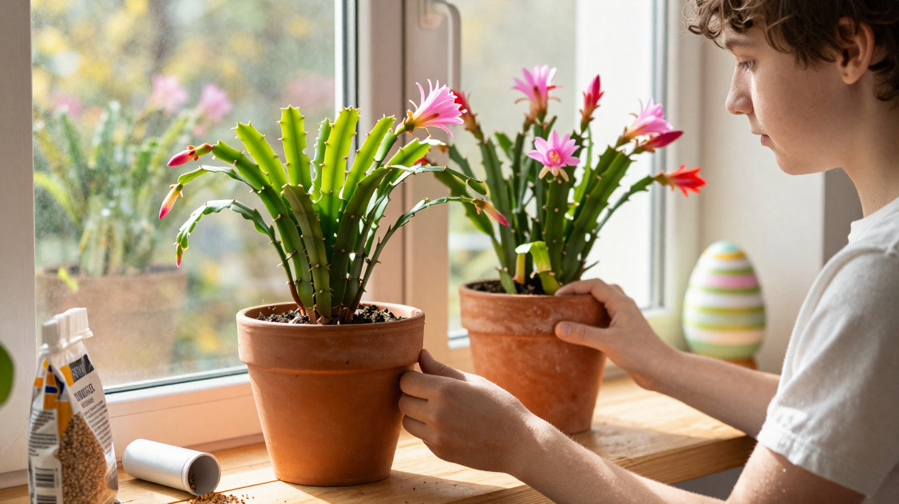 Rapaz a cuidar de cactus com flores rosas numa janela com vaso e terra espalhada.