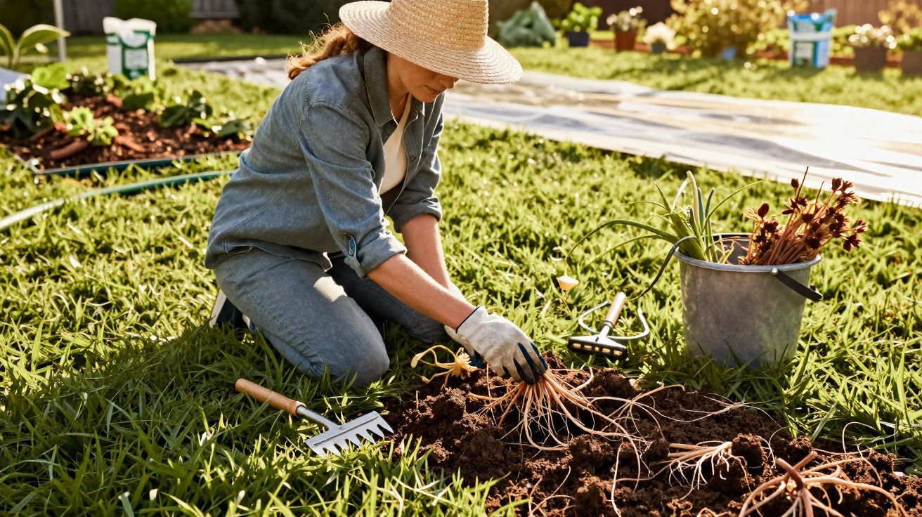 Pessoa a plantar flores num jardim, com chapéu de palha e luvas, rodeada de ferramentas e um balde.