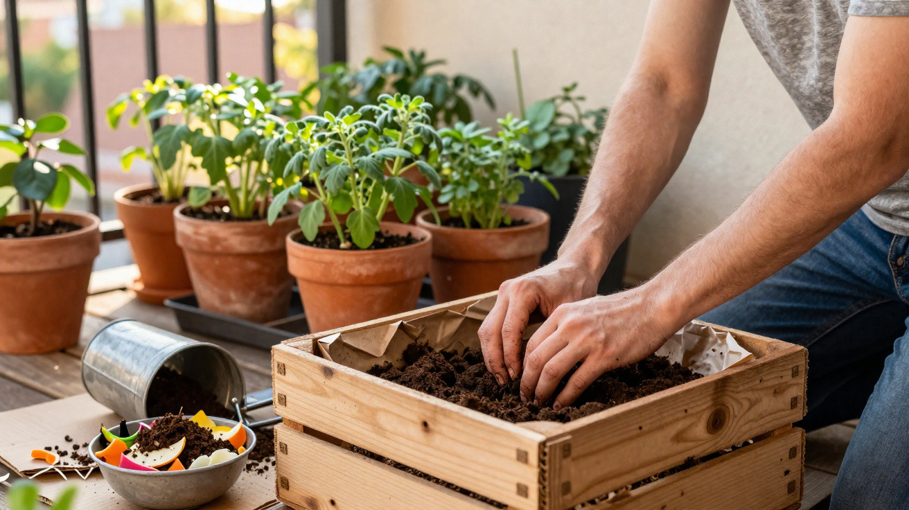 Pessoa a preparar terra numa caixa de madeira para plantar com vasos de plantas em fundo numa varanda.