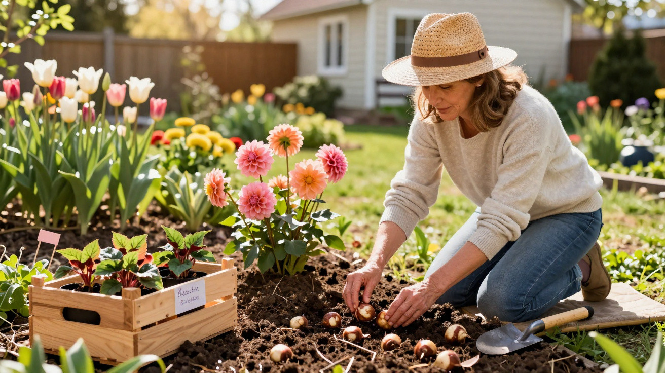 Mulher com chapéu a plantar bolbos de flores num jardim ensolarado com tulipas ao fundo.