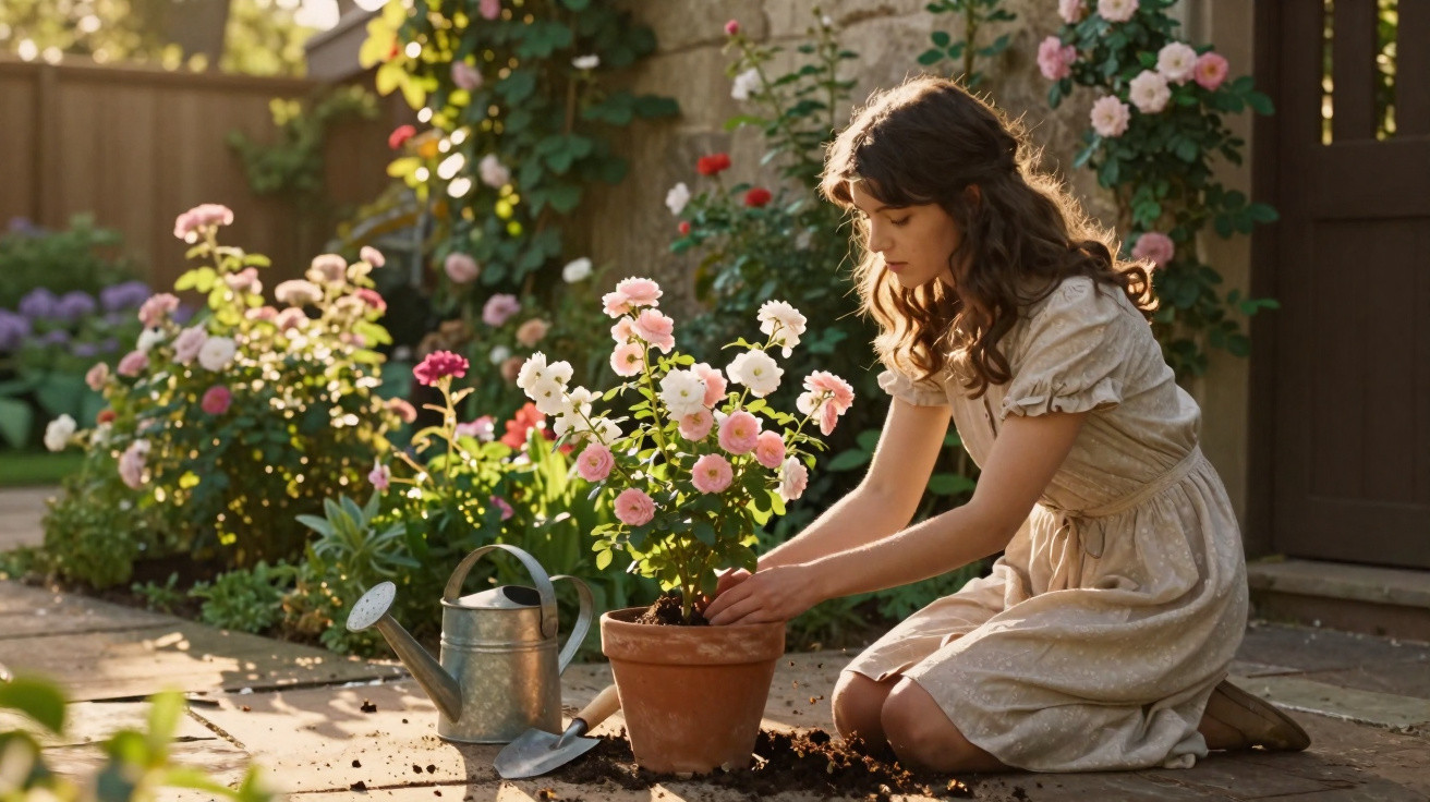 Mulher jovem de vestido bege a arranjar flores num vaso de barro num jardim iluminado pelo sol.