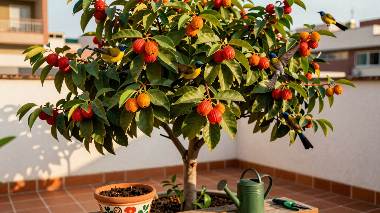 Árvore em vaso com frutos vermelhos e laranja num terraço, com regador verde e ferramentas de jardinagem.