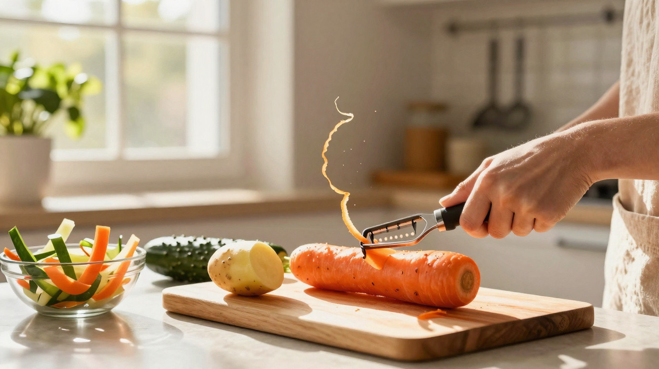 Pessoa a descascar uma cenoura numa cozinha com luz natural e legumes frescos numa tábua de madeira.