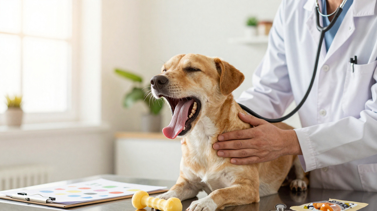 Veterinário a auscultar cão que boceja numa clínica com brinquedos no balcão.