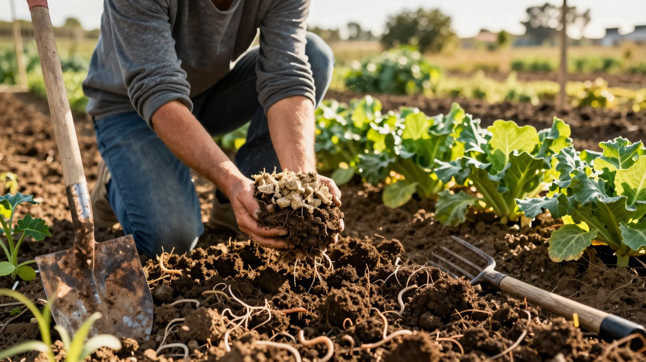 Homem ajoelhado a segurar planta com raízes em terra de horta com enxada e forcado ao lado.