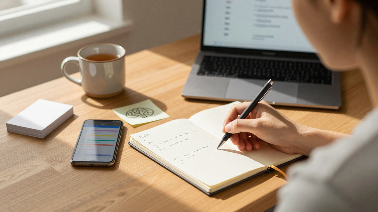 Pessoa a escrever notas num caderno à mesa com laptop aberto, smartphone e chá ao lado.