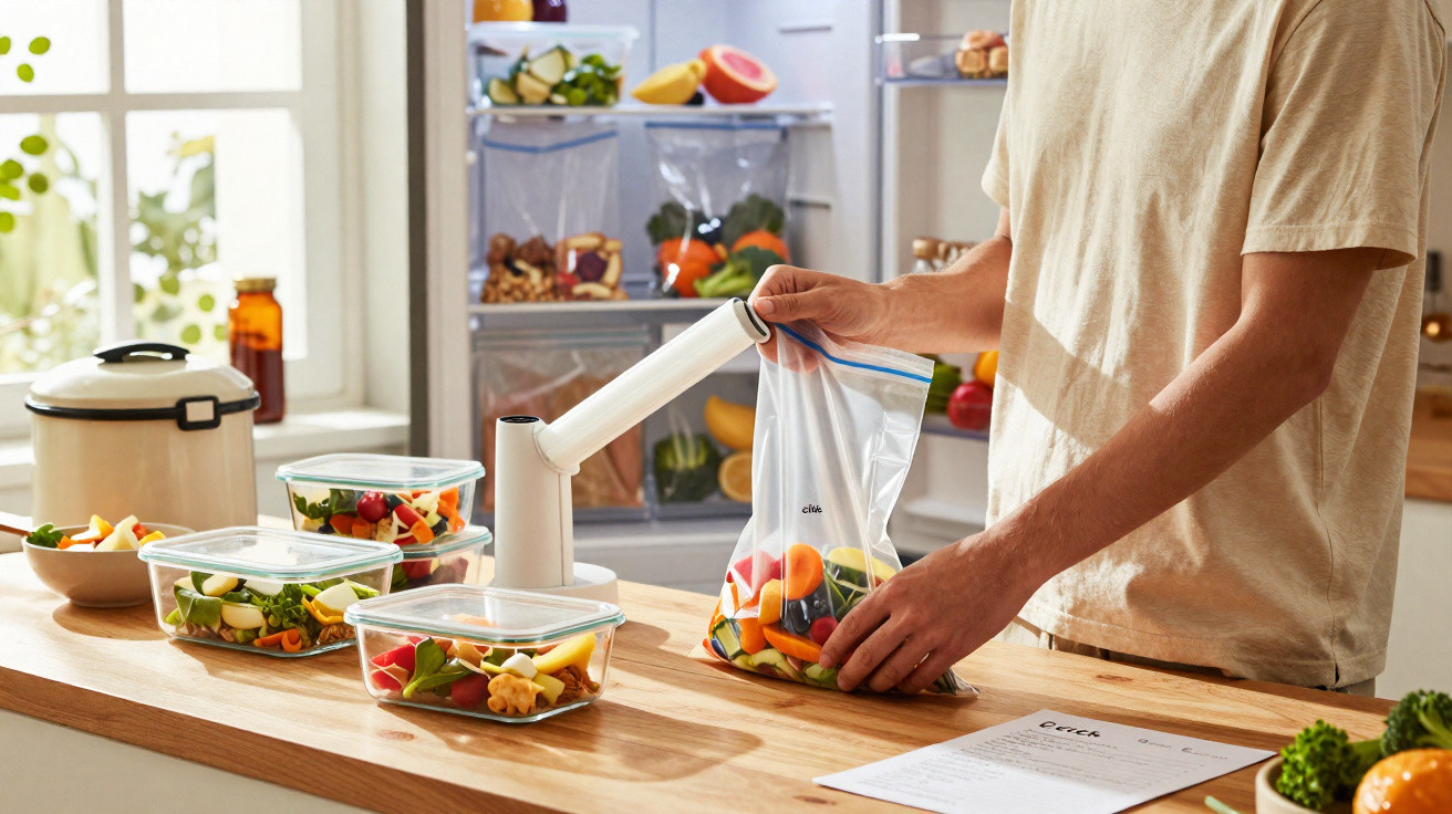 Pessoa a colocar vegetais frescos num saco plástico na cozinha com tupperwares e frigorífico aberto ao fundo.