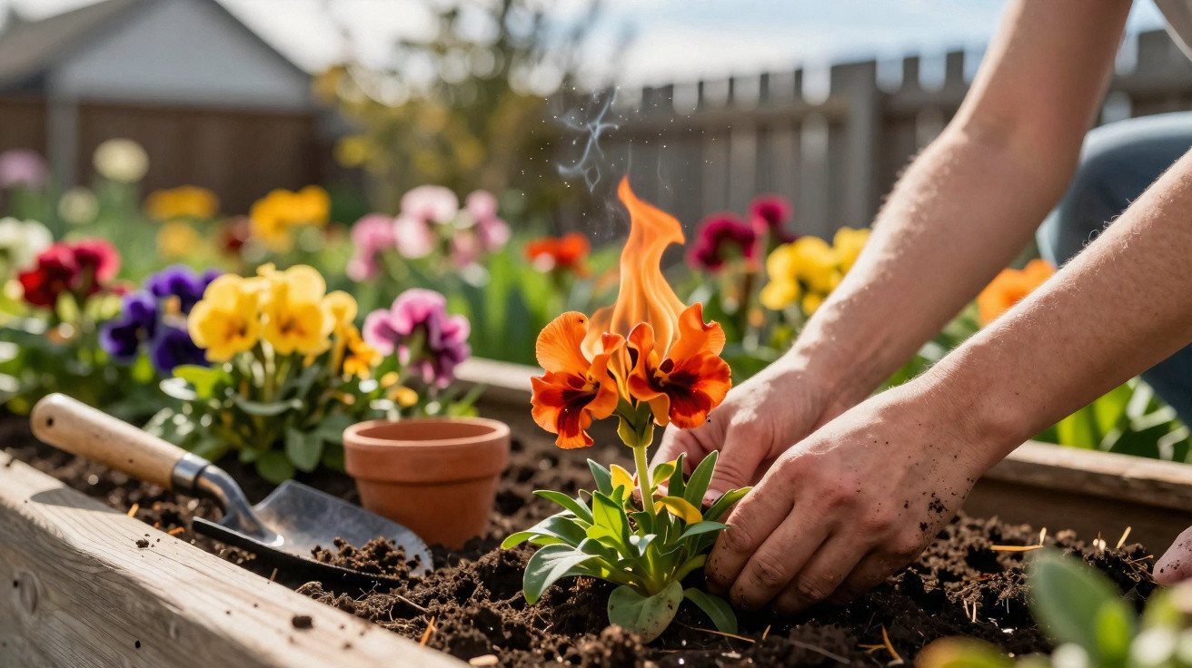Mãos a plantar flores coloridas numa cama de madeira, com uma flor laranja em chamas.