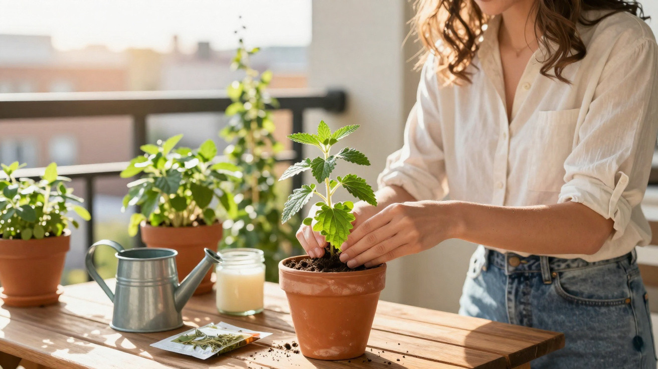 Pessoa a cuidar de planta em vaso de barro num terraço com regador e vela sobre a mesa.