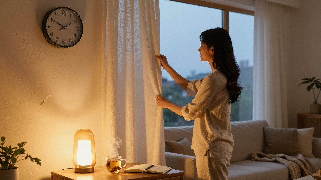 Mulher em pijama a puxar cortina ao amanhecer numa sala com relógio, mesa, chá e iluminação suave.