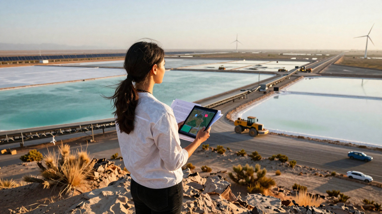 Mulher com tablet observa lagos industriais e turbina eólica numa paisagem árida ao pôr do sol.