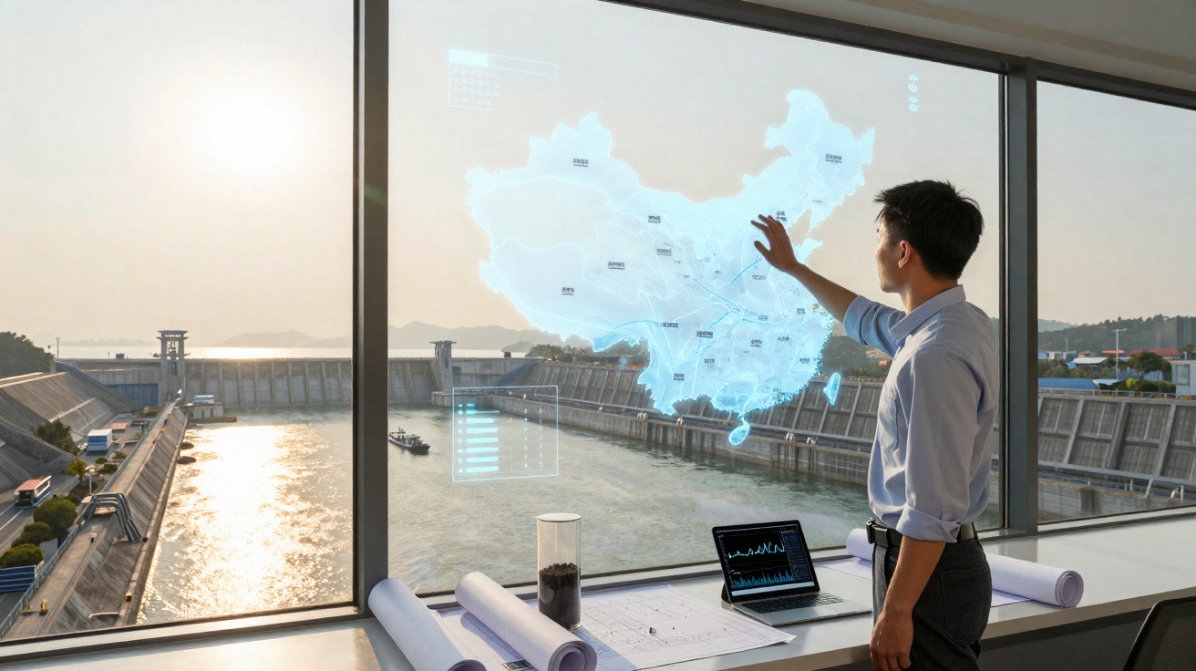 Homem a apontar holograma de mapa digital junto a janela com vista para barragem e plantas arquitetónicas na mesa.