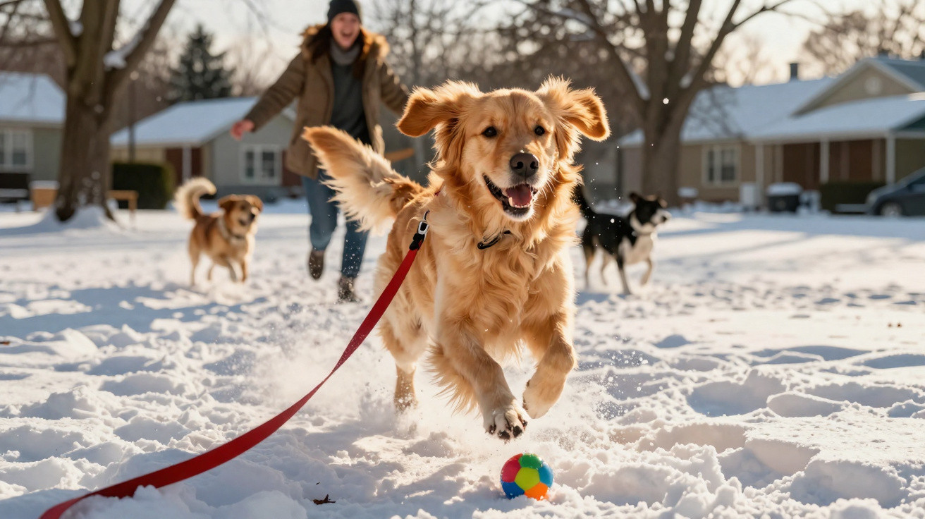 Cão dourado feliz a correr na neve atrás de uma bola colorida com pessoa e mais cães ao fundo.